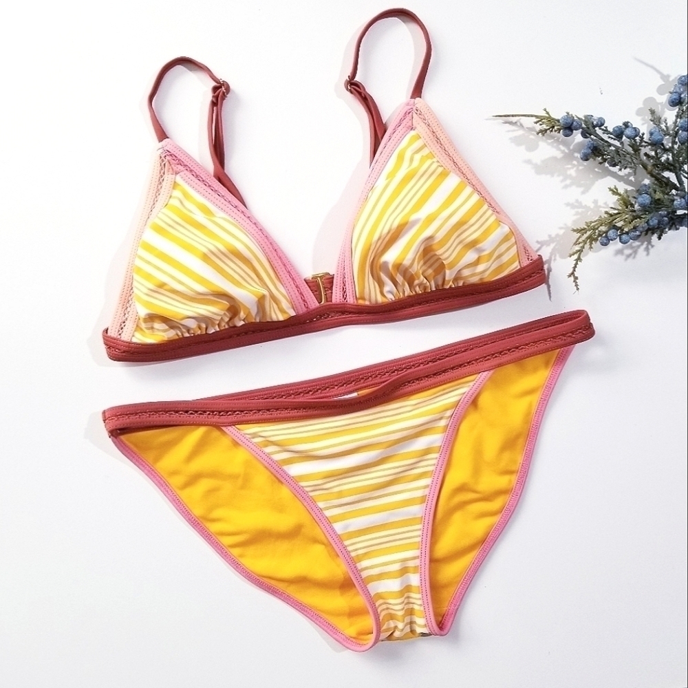Crochet Trim Striped Tropical Blush Swimsuit Bikini Set